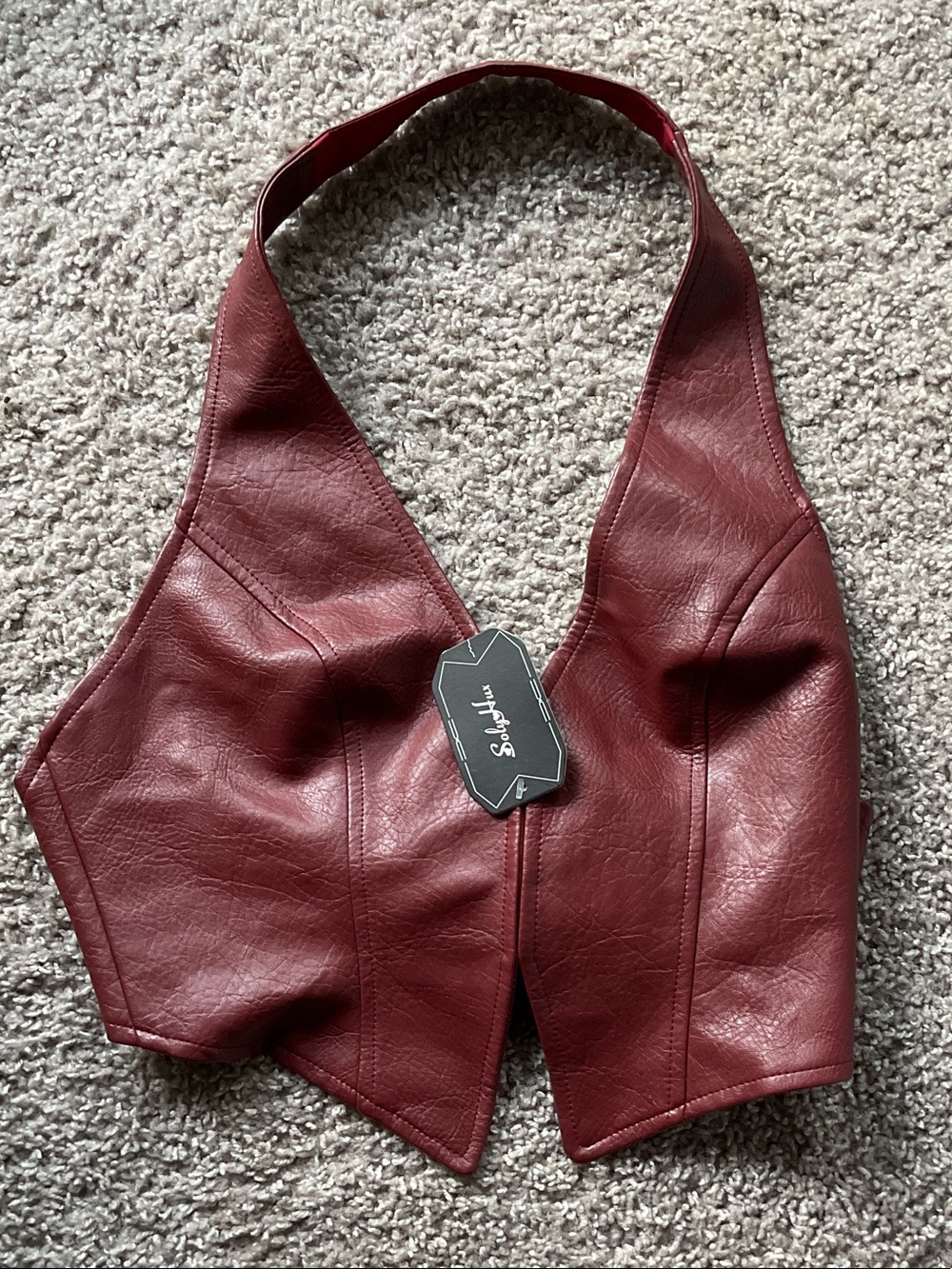 Wine Red Faux Leather Halter Crop Top, Size S